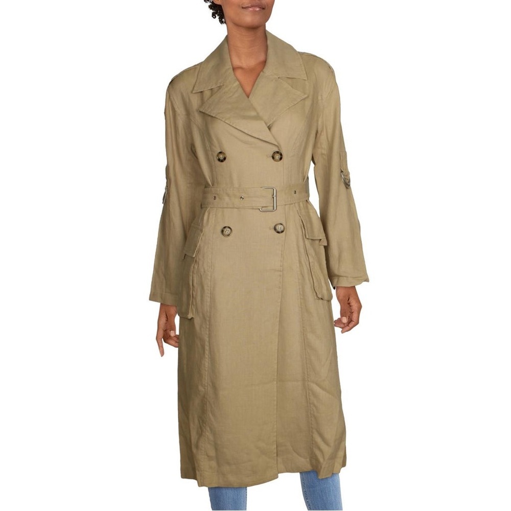 AVEC LES FILLES Womens Belted 100% Linen Long Trench Coat Size Small NWT